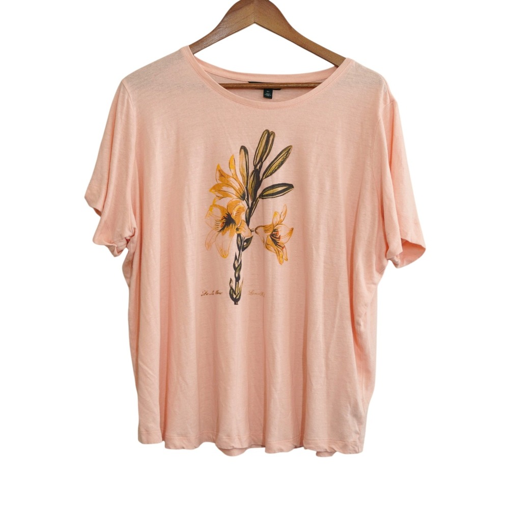 Lauren Ralph Lauren Peach Pink Lily Graphic Tee Linen Blend Shirt Plus Size 3X